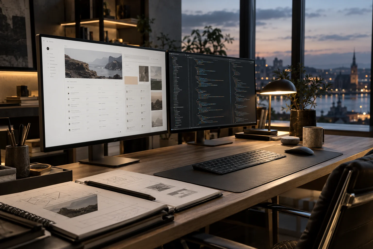 Concept workspace with a management interface and a code screen.
