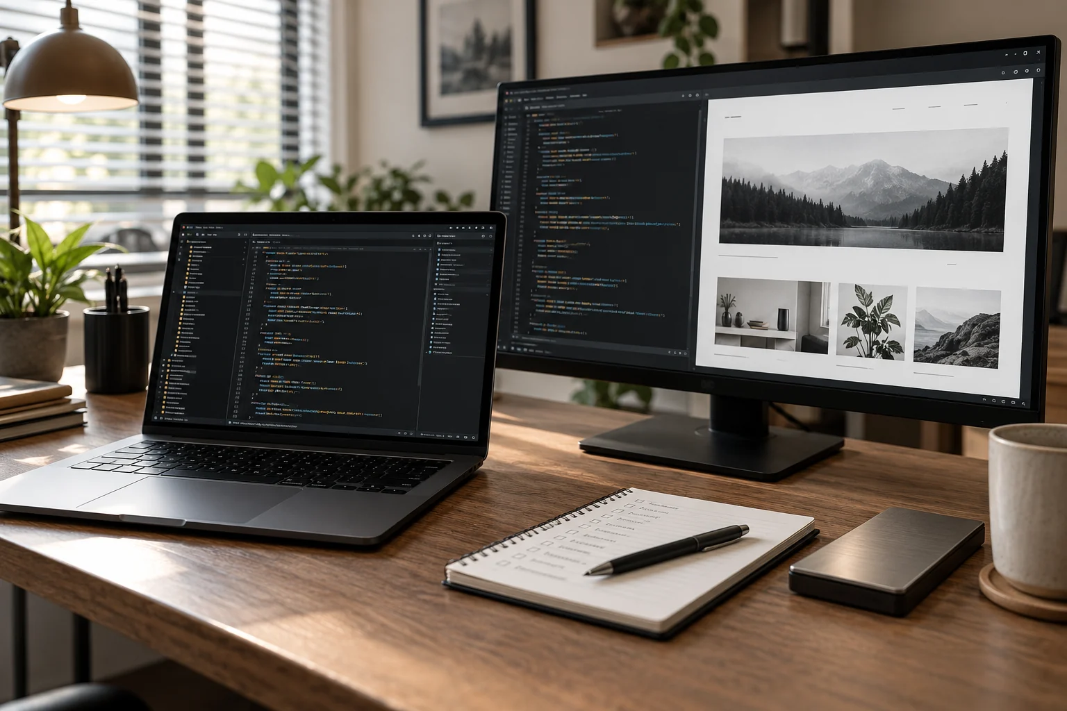 Concept workspace with code, a website preview and review notes.