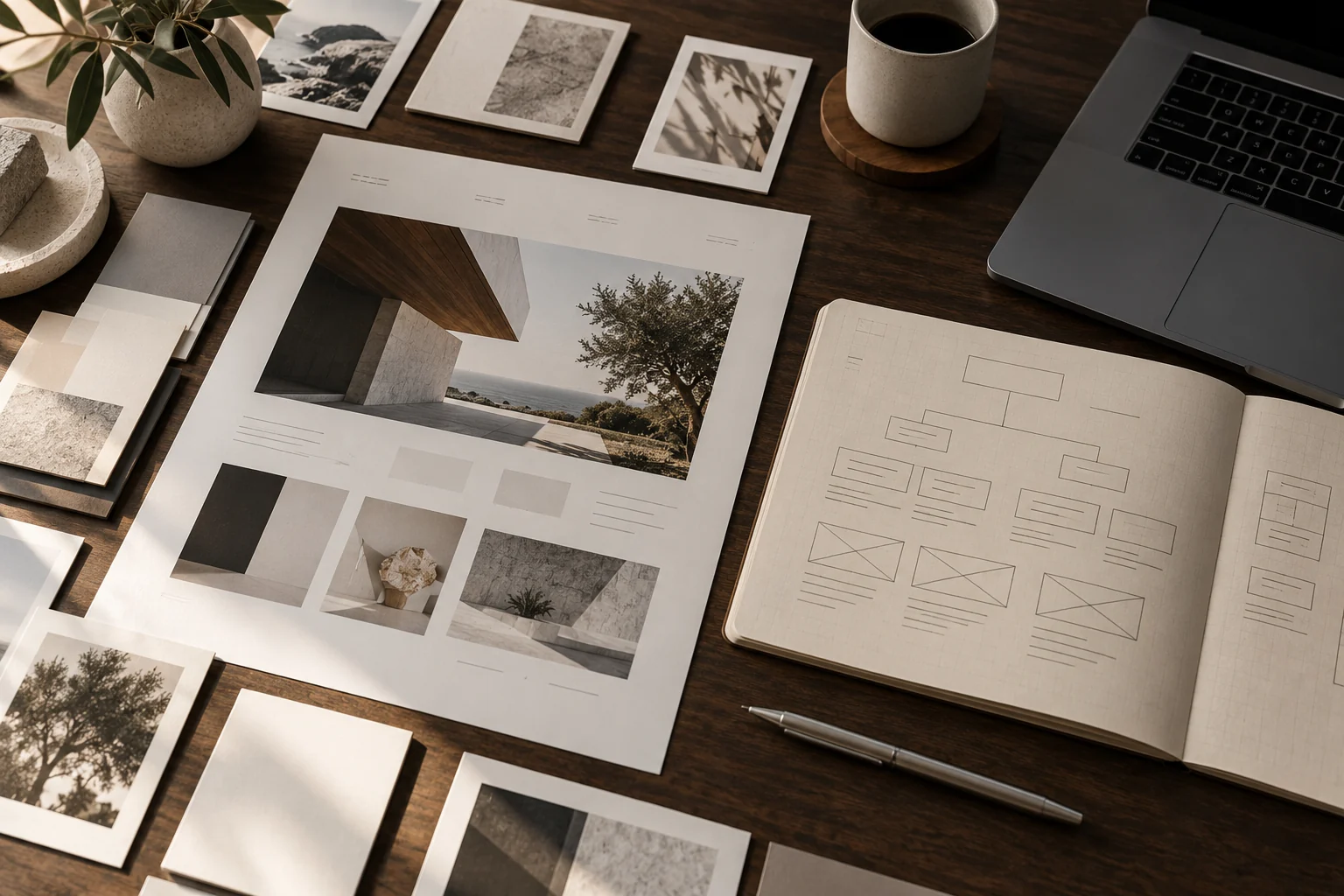 Concept planning desk with a page map, content cards and site architecture sketches.
